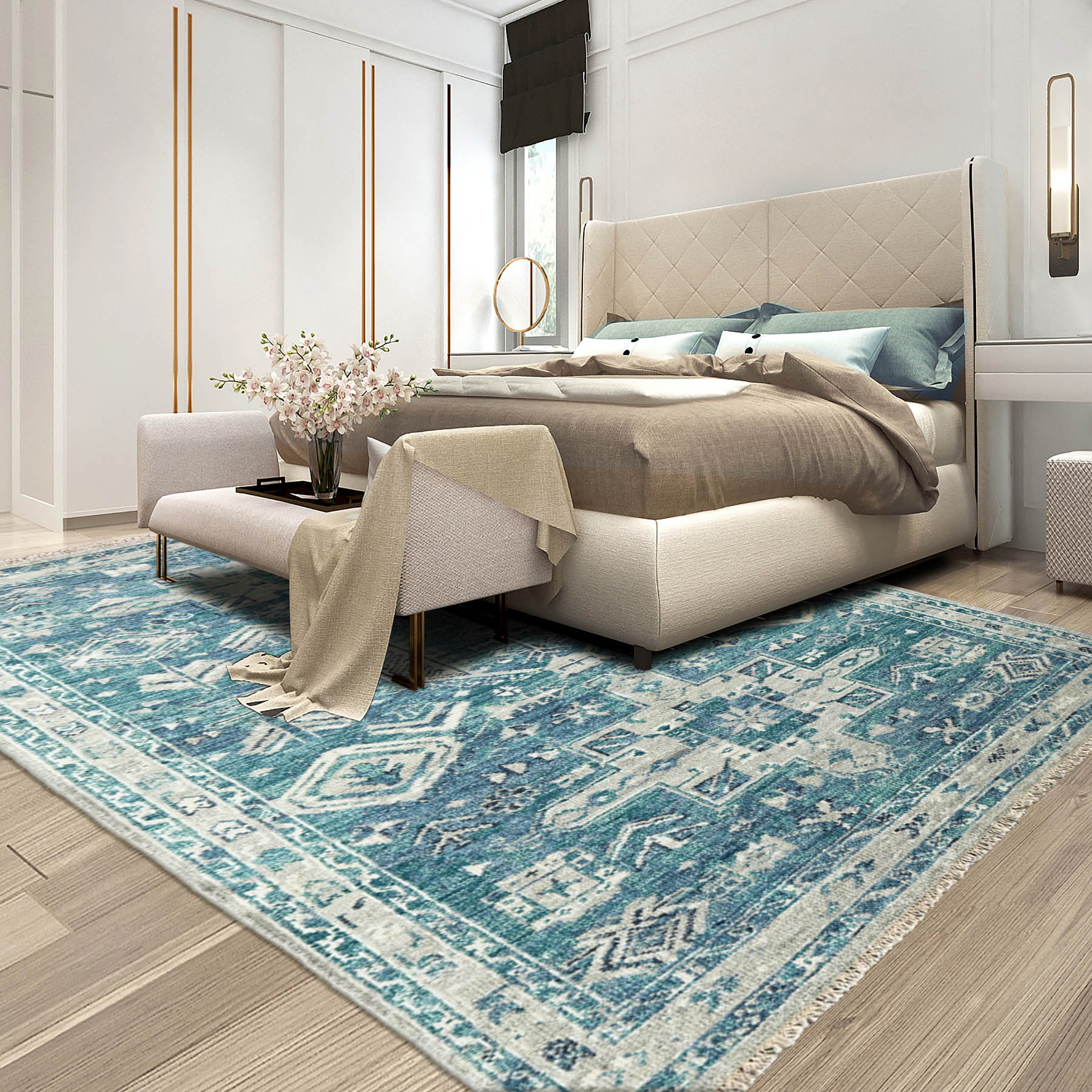 Multi Size Turquoise Gray Beige Color Hand Knotted Indo Oushak Wool Traditional Oriental Rug