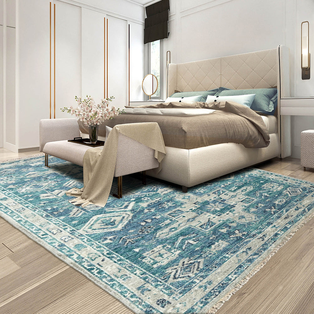 Multi Size Turquoise Gray Beige Color Hand Knotted Indo Oushak Wool Traditional Oriental Rug