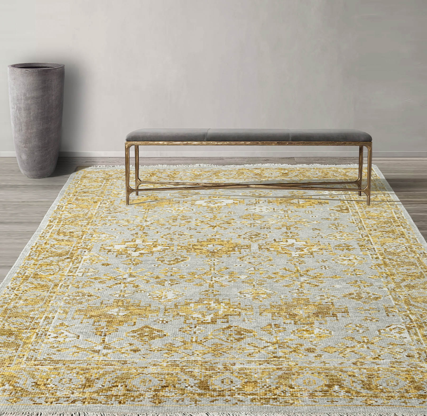 Multi Size Gray Gold Color Hand Knotted Indo Oushak Wool Transitional Oriental Rug