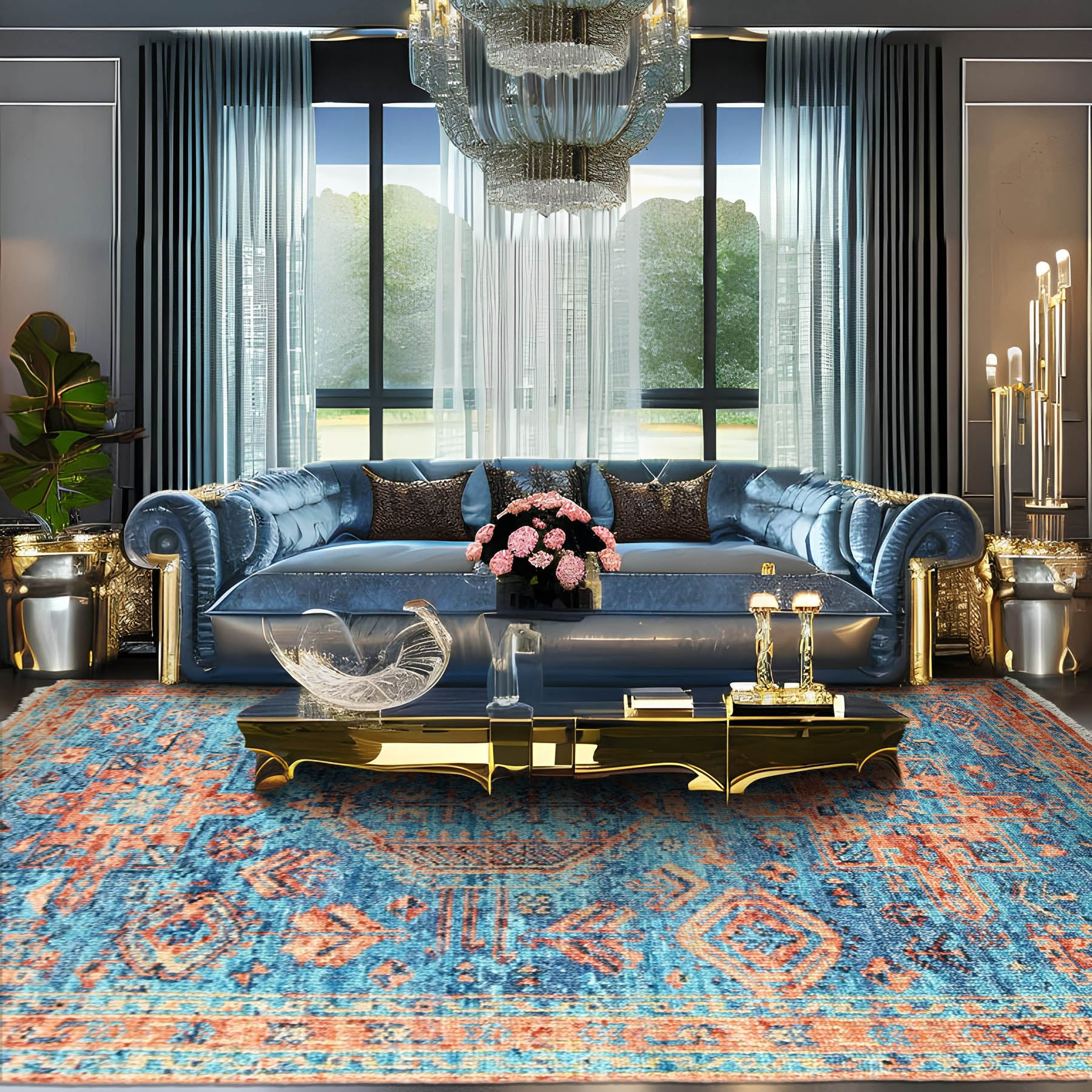 Multi Size Turquoise Burnt Orange Peach Color Hand Knotted Indo Oushak Wool Traditional Oriental Rug