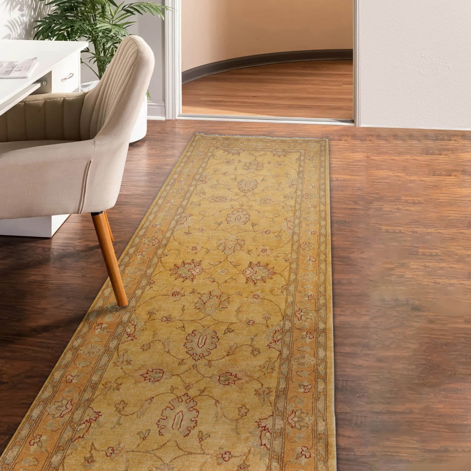 Runner Beige, Gold, Slate Color Hand Knotted Chobi Peshawar 100% Wool Traditional Oriental Rug