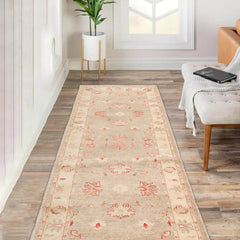 2'6x10 Taupe, Beige, Coral Color Hand Knotted Chobi Peshawar 100% Wool Traditional Oriental Rug
