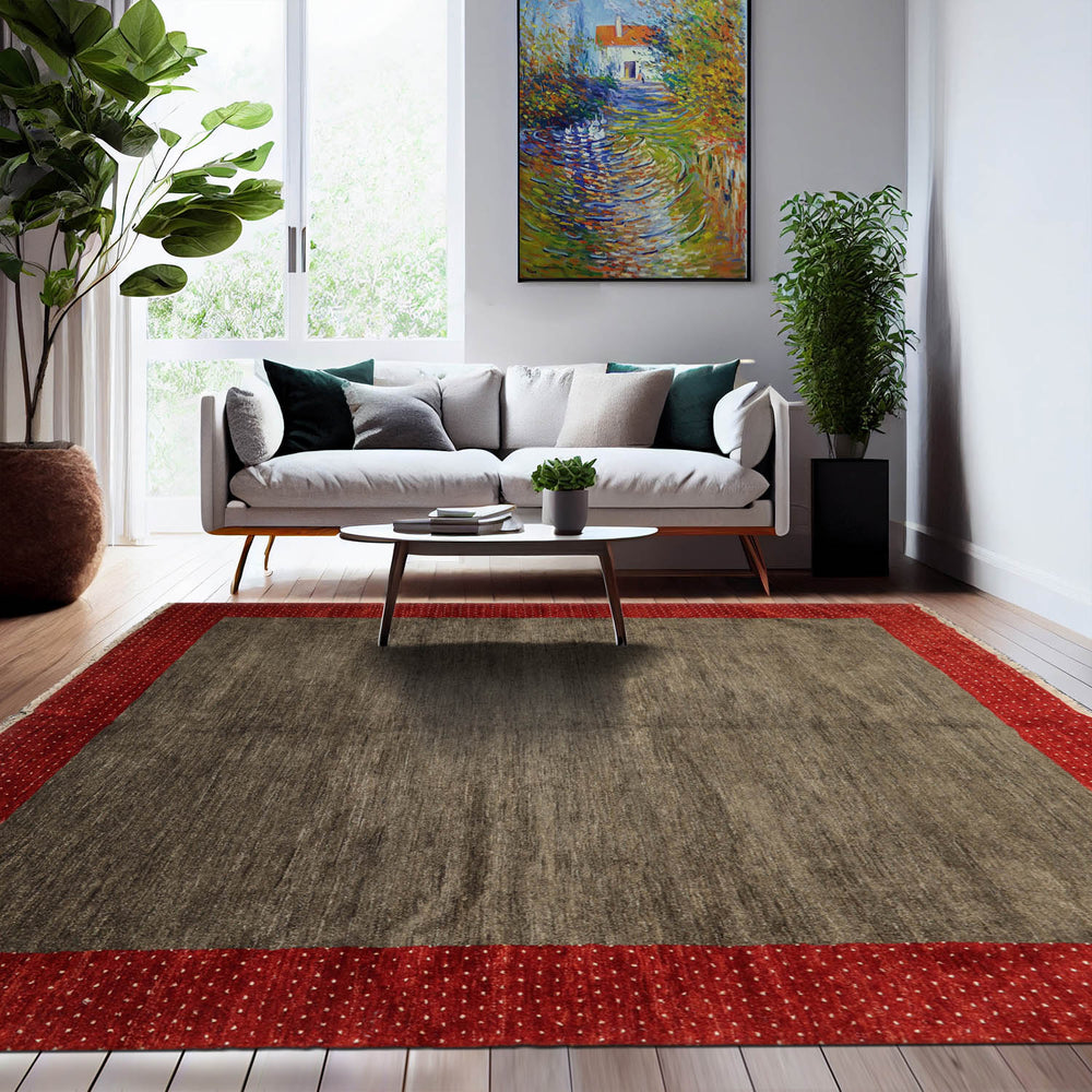 8' Square Mossy Gray, Rusty Red, Beige Color Hand Knotted Gabbeh 100% Wool Modern Oriental Rug