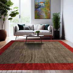 8' Square Mossy Gray, Rusty Red, Beige Color Hand Knotted Gabbeh 100% Wool Modern Oriental Rug