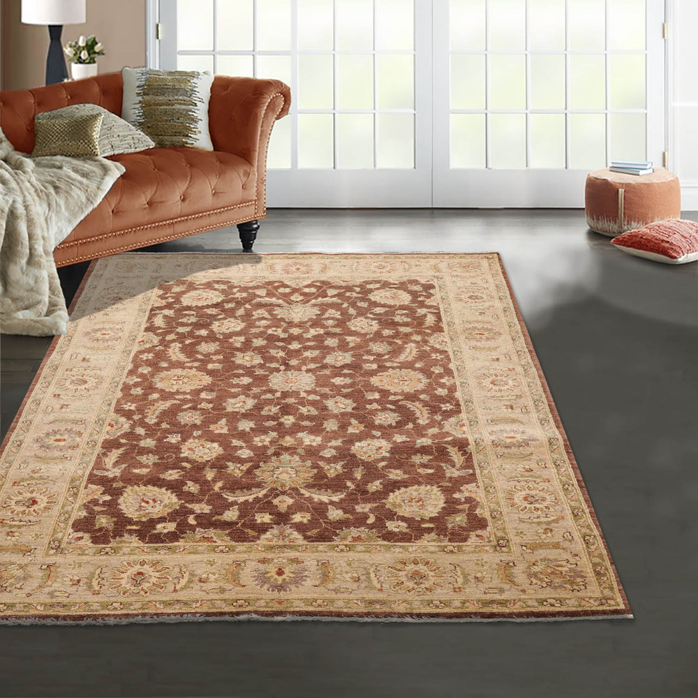 5x8 Brown, Beige, Tan Color Hand Knotted Chobi Peshawar 100% Wool Traditional Oriental Rug
