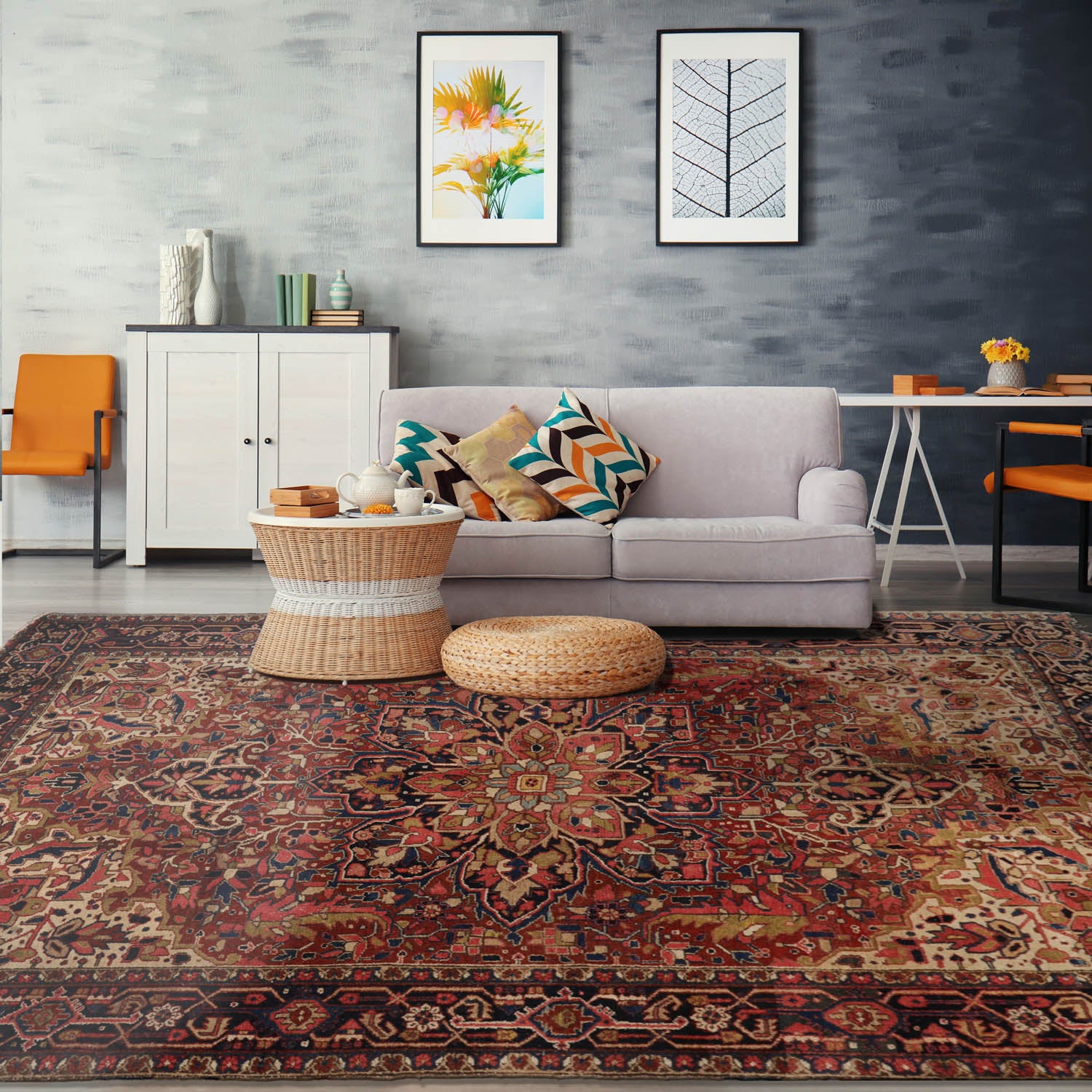 8x11 Rust, Midnight Blue, Rose Color Hand Knotted Heriz 100% Wool Traditional Oriental Rug
