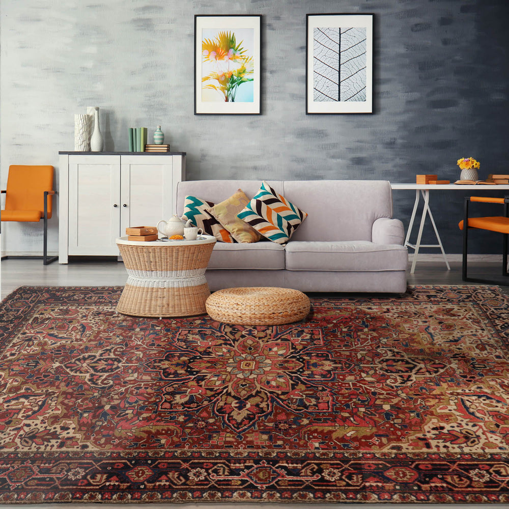 8x11 Rust, Midnight Blue, Rose Color Hand Knotted Heriz 100% Wool Traditional Oriental Rug