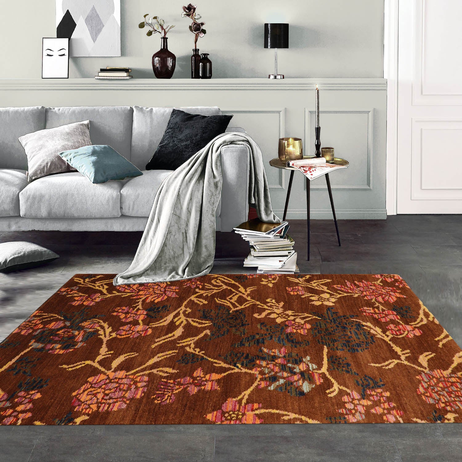 Runner Brown, Gold, Navy Color Hand Knotted  100% Wool Transitional Oriental Rug