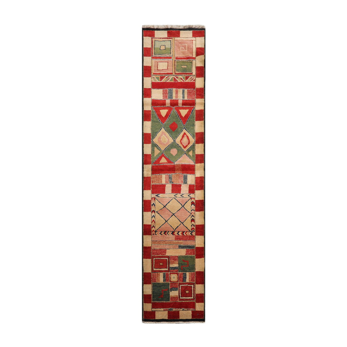 Knotted Rug Red Green Hand Knotted Runner Michaelian and Kohlberg Modern Contemporary Tibetan 100% Wool Oriental Area Rug