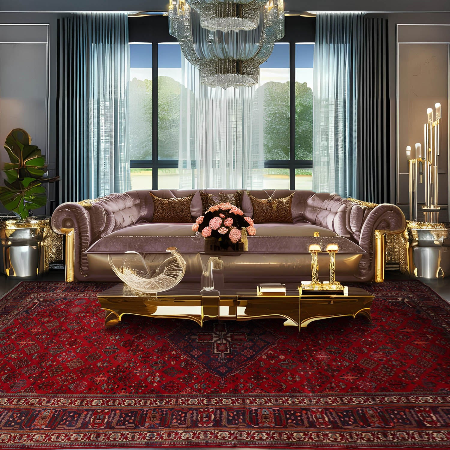 Palace Red, Indigo, Beige Color Hand Knotted  100% Wool Traditional Oriental Rug