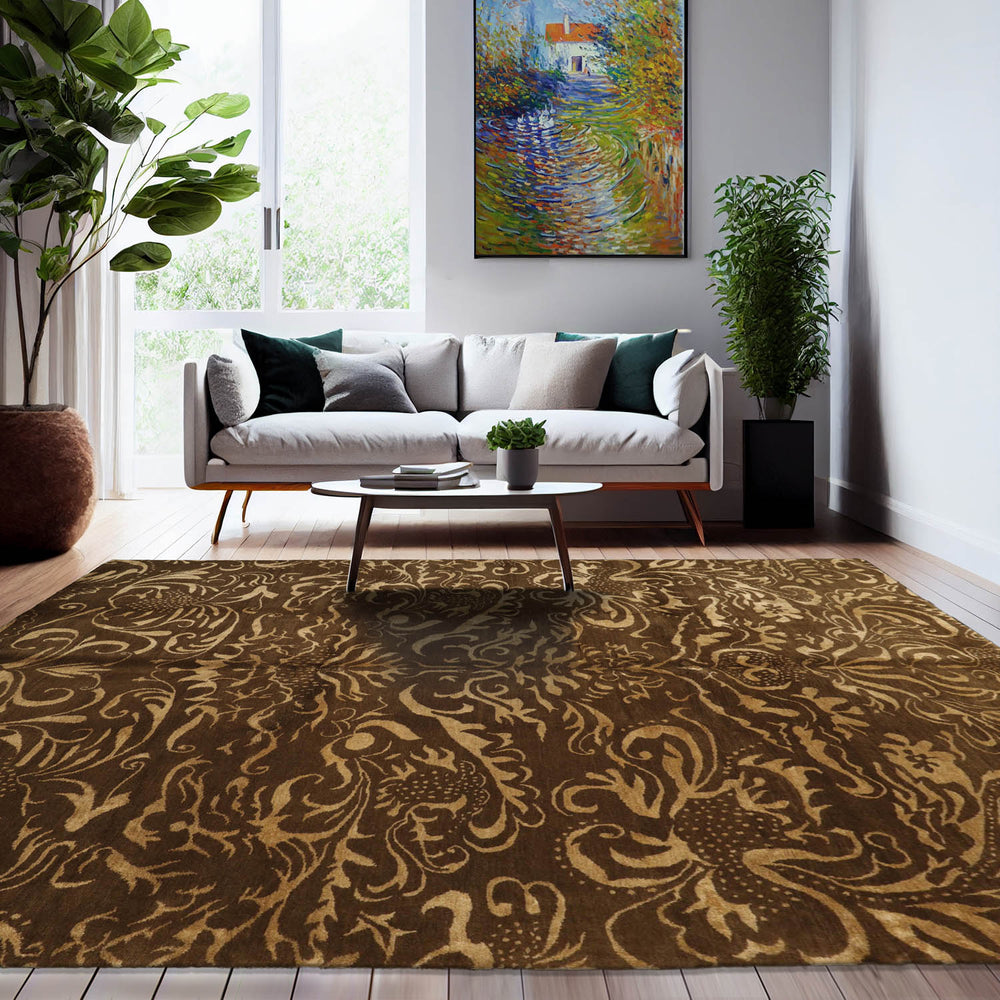 8x10 Olive, Gold, Color Hand Knotted  Wool & Silk Transitional Oriental Rug