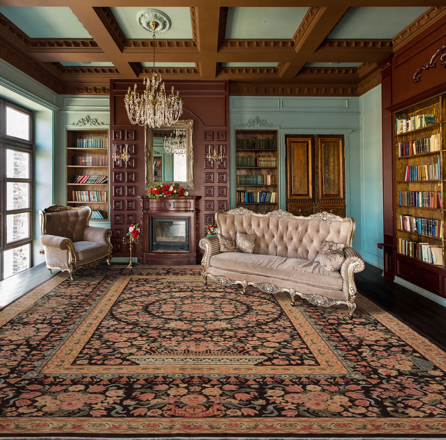 Multi Size Chocolate Tan Aqua Color Hand Knotted  Wool Traditional Oriental Rug