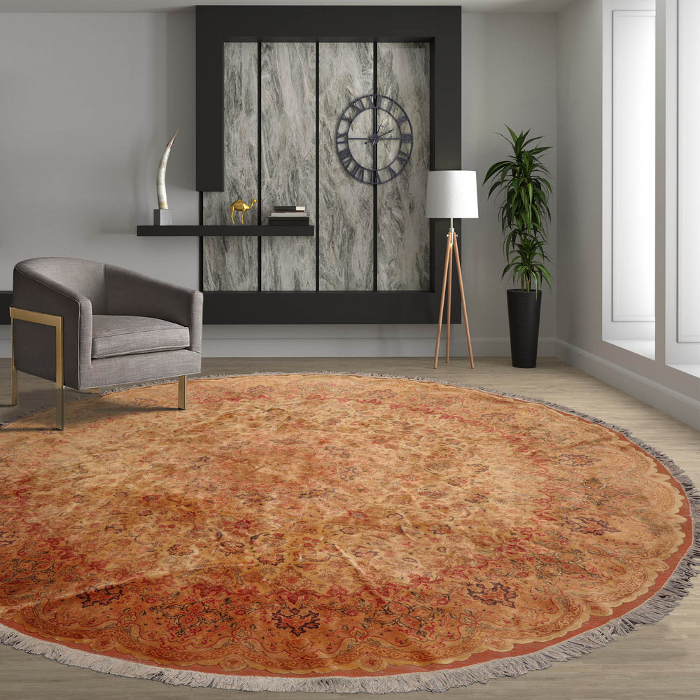 Round Tan, Peach, Rose Color Hand Knotted Tabriz Wool & Silk Traditional Oriental Rug