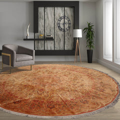 Round Tan, Peach, Rose Color Hand Knotted Tabriz Wool & Silk Traditional Oriental Rug