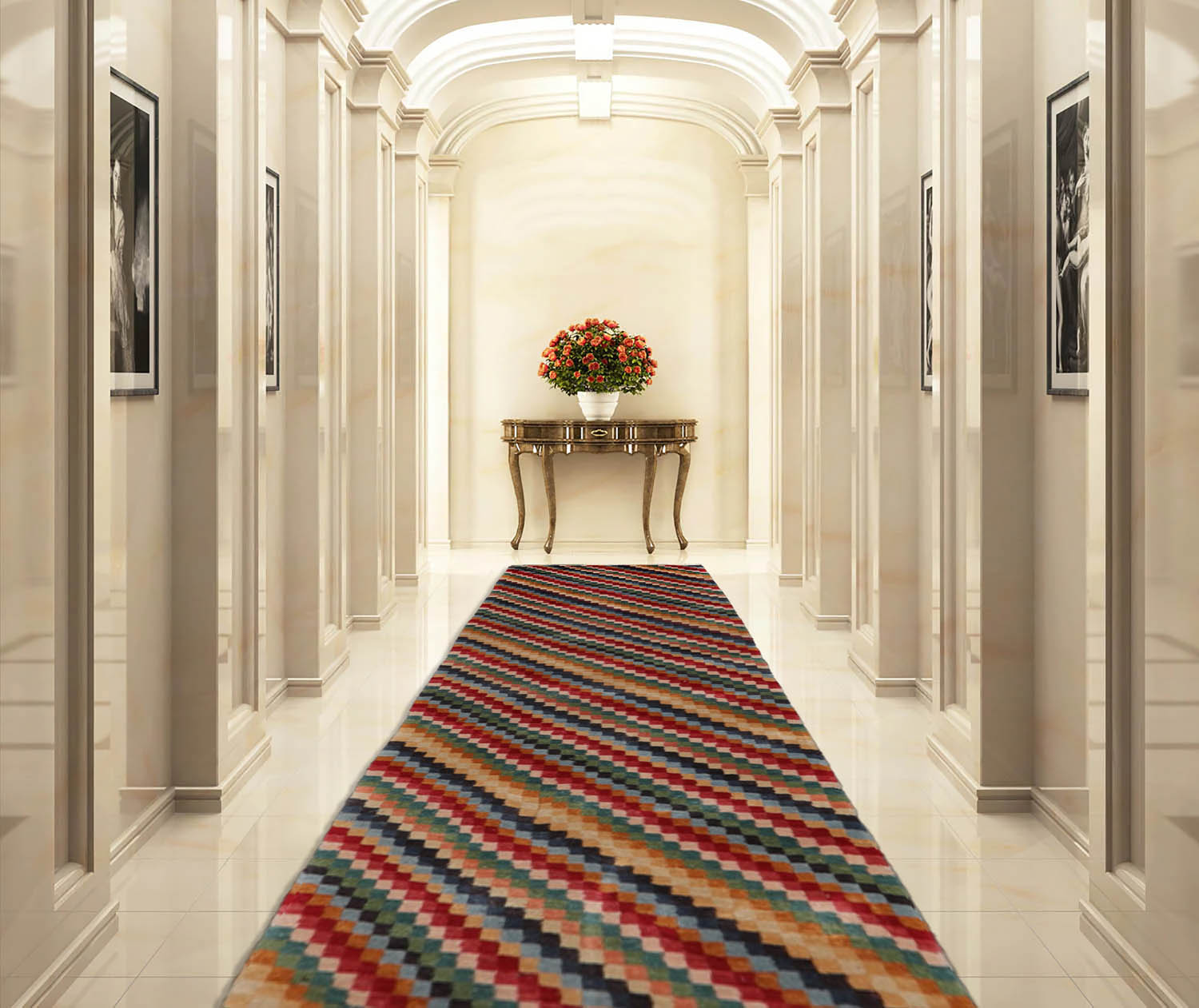 2'6x12 Red, Green, Blue Color Hand Knotted  Wool & Silk Contemporary Oriental Rug
