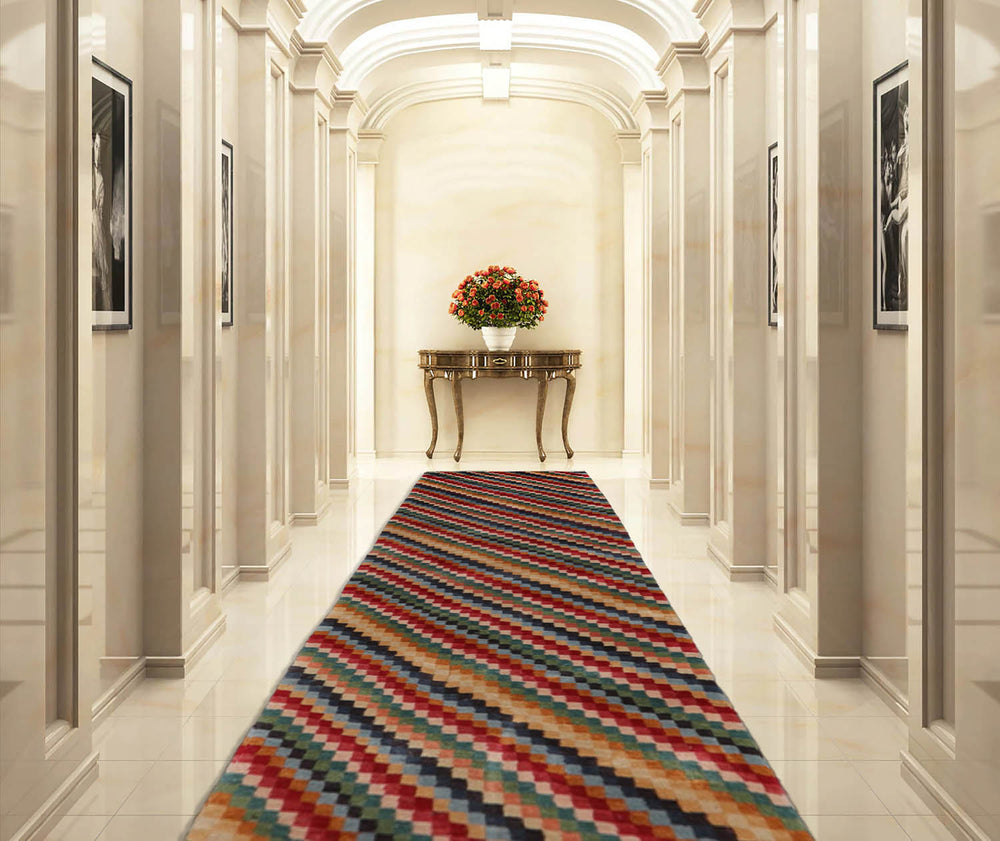 2'6x12 Red, Green, Blue Color Hand Knotted  Wool & Silk Contemporary Oriental Rug