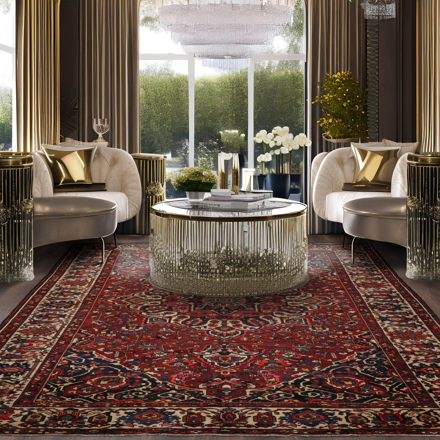 Palace Rust, Ivory, Navy Color Hand Knotted Bakhtiari 100% Wool Traditional Oriental Rug
