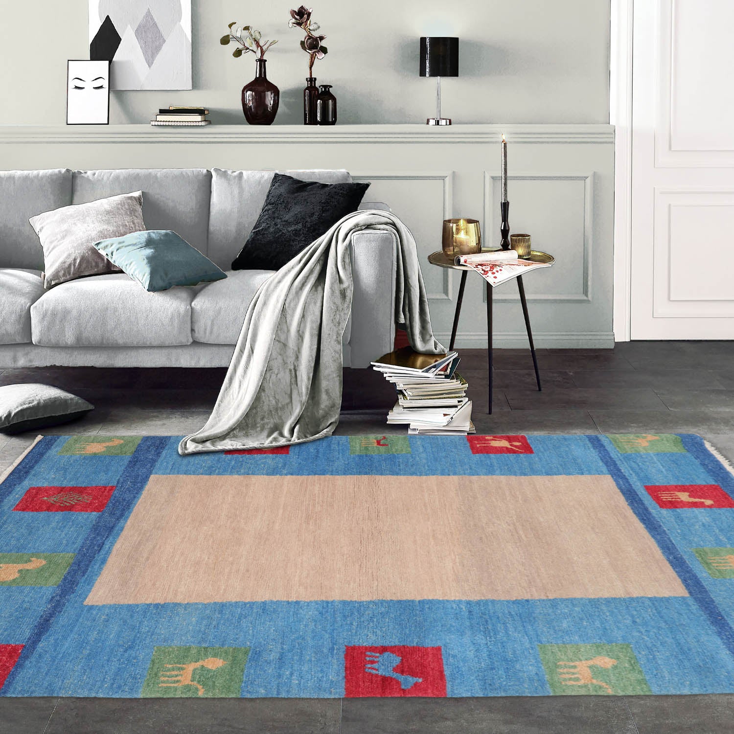 4x6 Beige, Blue, Coral Color Hand Knotted Gabbeh 100% Wool Modern & Contemporary Oriental Rug