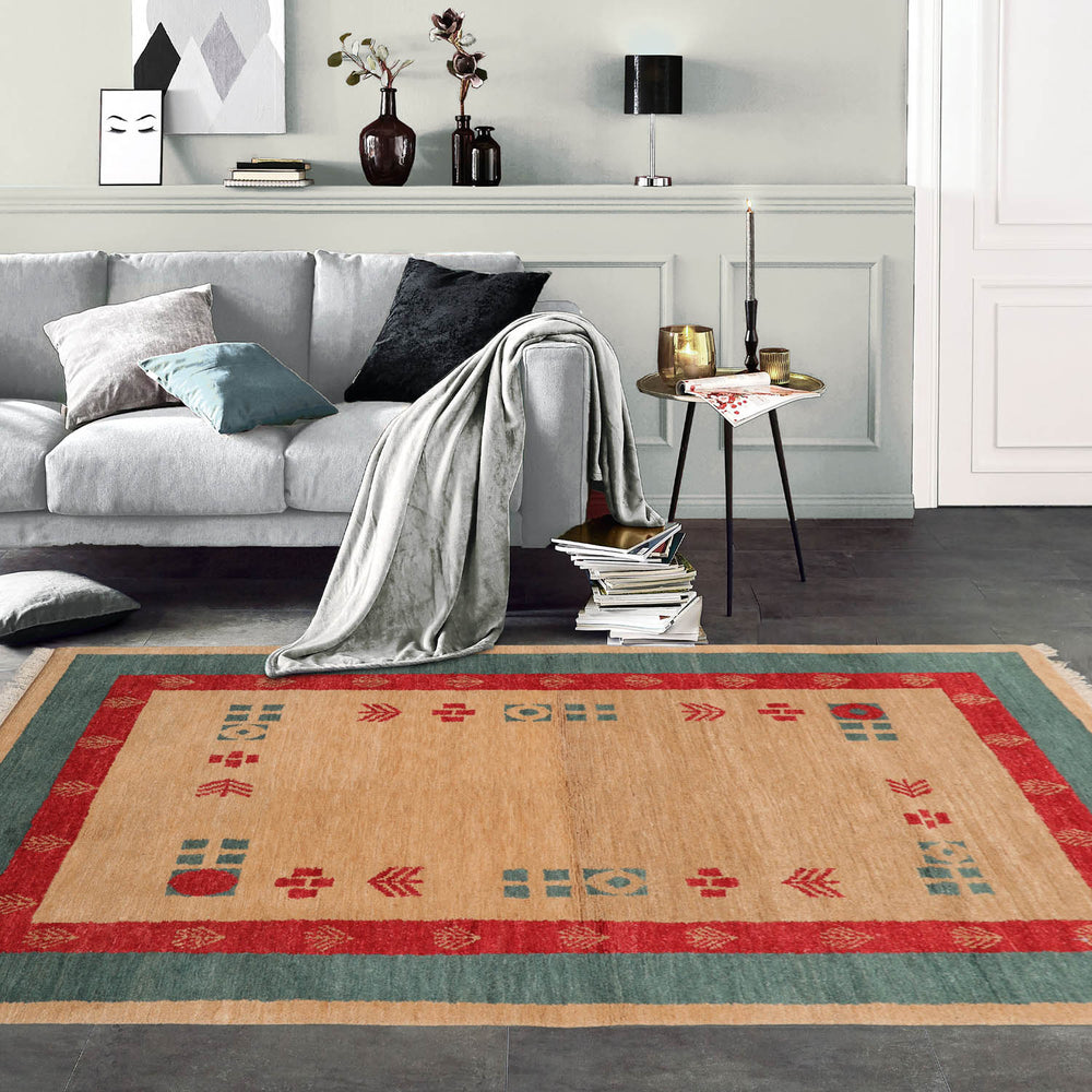 4x6 Beige, Tan, Teal Color Hand Knotted Gabbeh 100% Wool Modern & Contemporary Oriental Rug