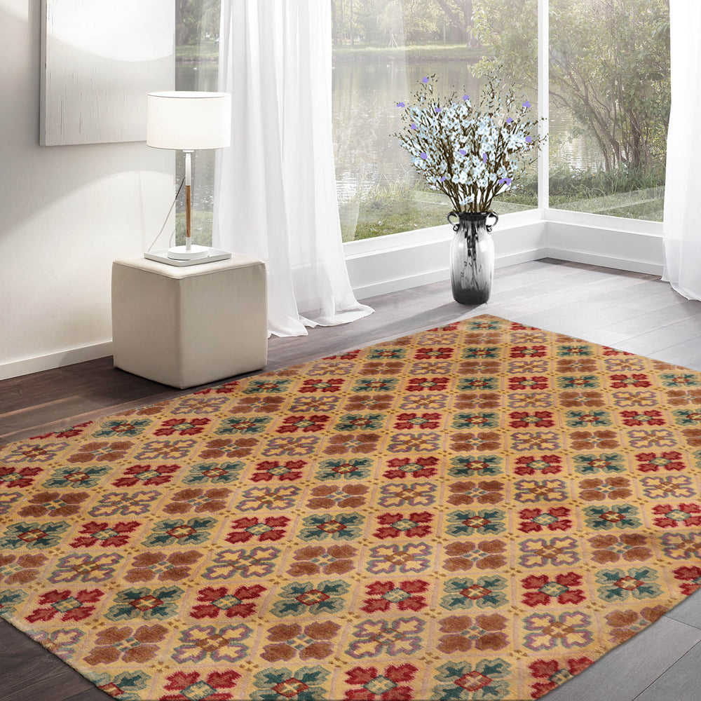 4x6 Beige, Light Gold, Celadon Color Hand Knotted Tibetan 100% Wool Transitional Oriental Rug