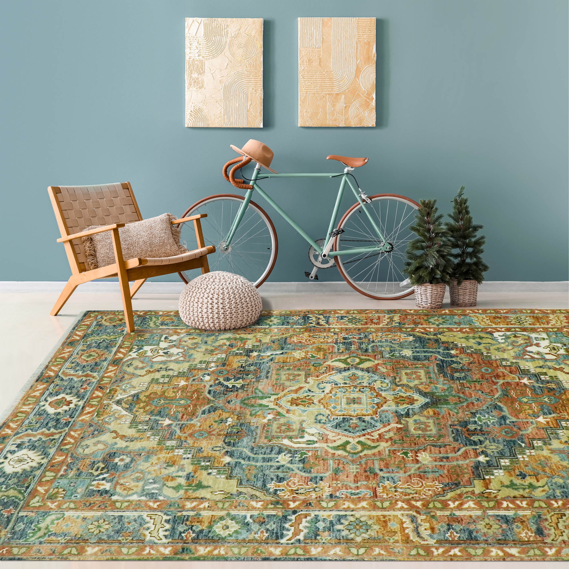 Multi Size Rust Sage Blue Color Hand Knotted Turkish Oushak Wool Traditional Oriental Rug
