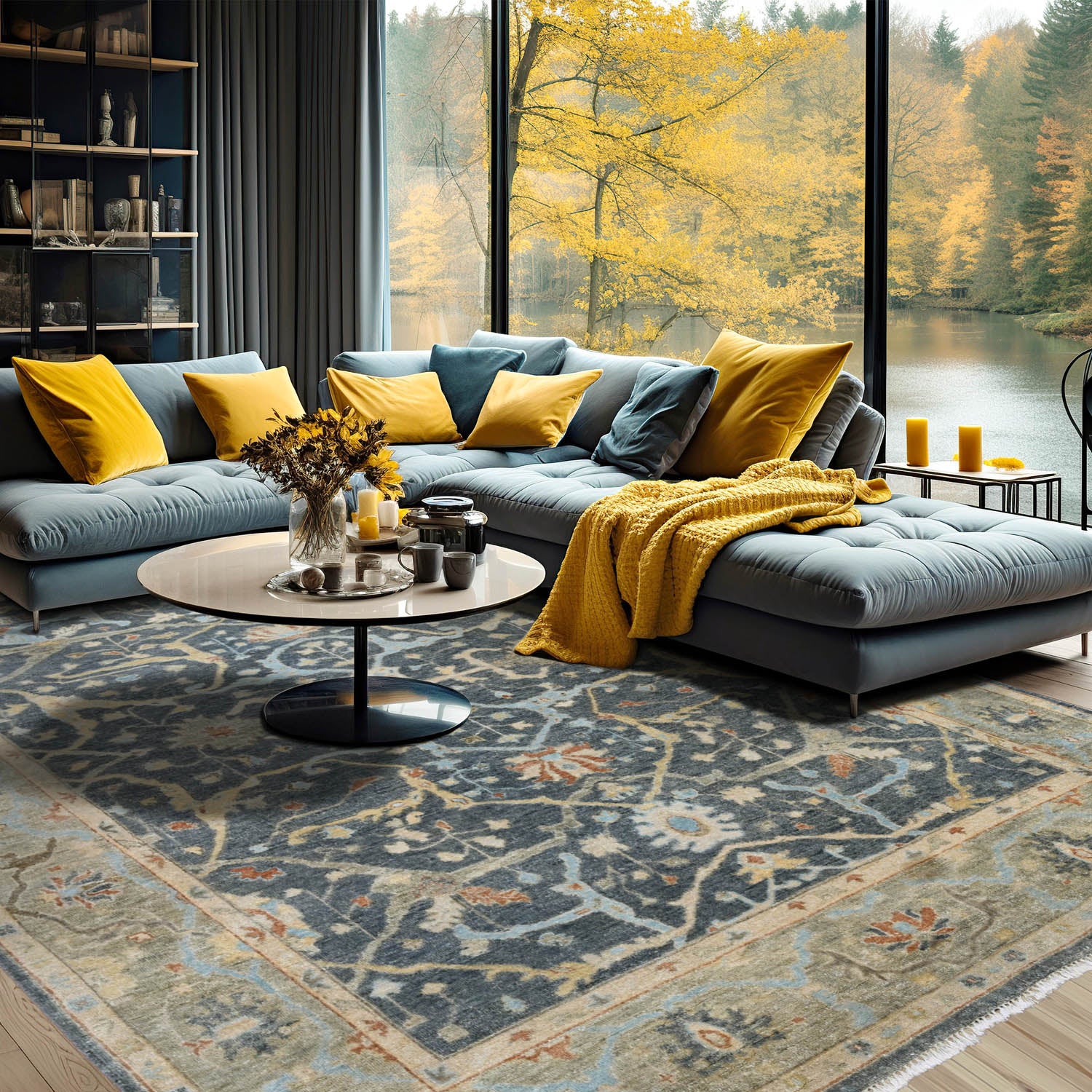 Multi Size Blue Moss Ivory Color Hand Knotted Oushak Wool Traditional Oriental Rug