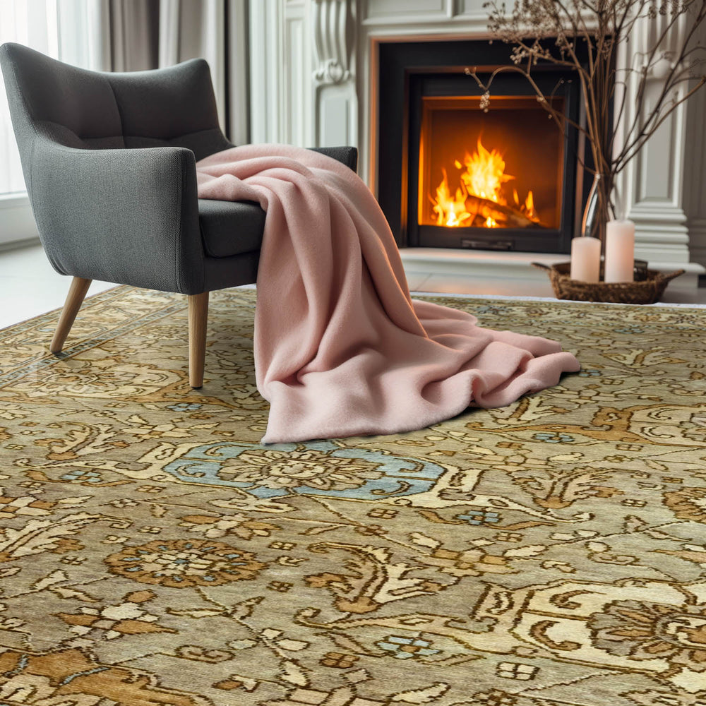 5x8 Gold, Beige, Blue Color Hand Knotted Oushak Wool Traditional Oriental Rug