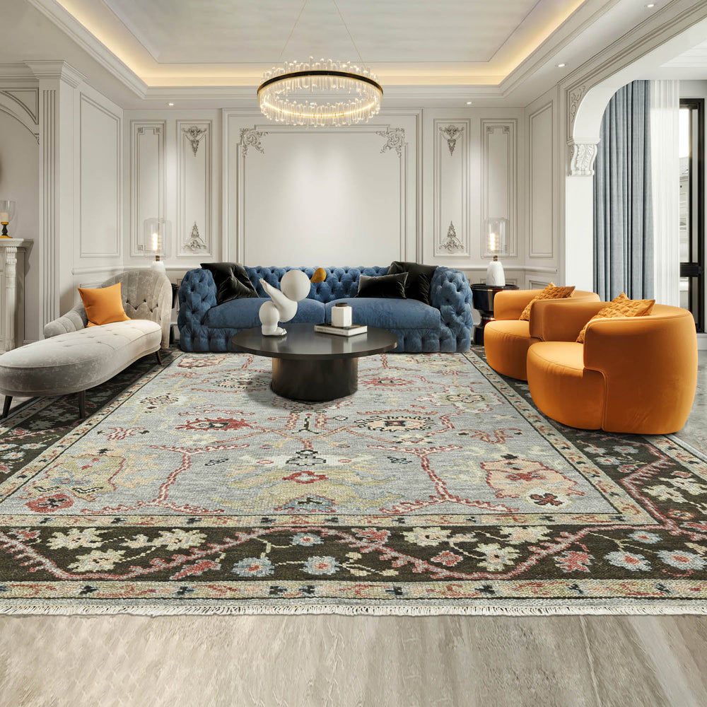 Multi Size Moss Graphite Peach Color Hand Knotted Oushak Wool Traditional Oriental Rug
