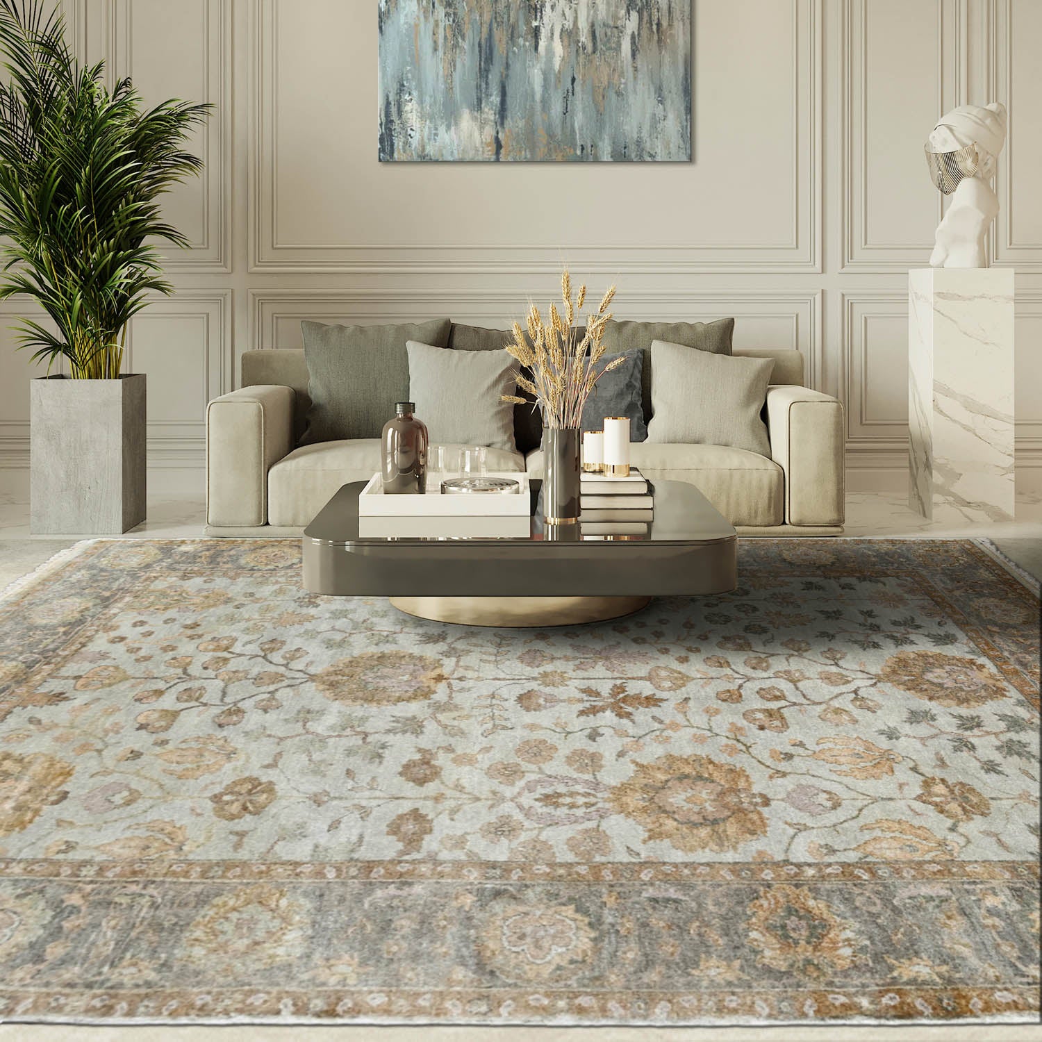 6x9 Gray, Gold, Brown Color Hand Knotted Oushak Wool Traditional Oriental Rug