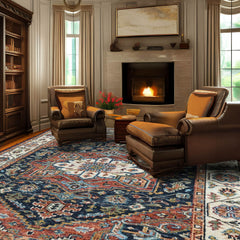 Multi Size Navy Ivory Brunt Orange Color Hand Knotted Oushak Wool Traditional Oriental Rug