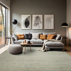 Multi Size Sage Ivory Color Hand Knotted Tibetan Wool & Bamboo Silk Contemporary Oriental Rug