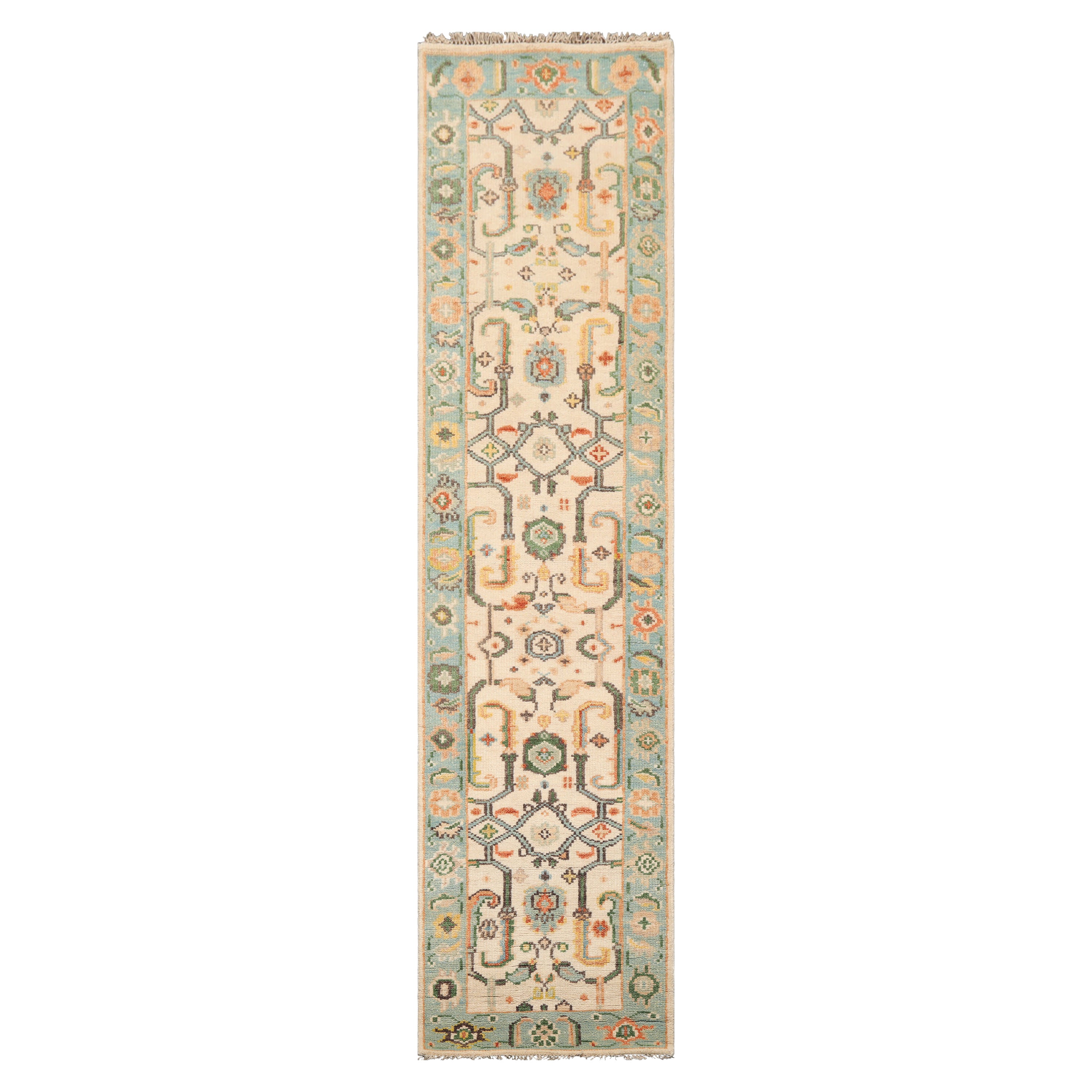Multi Size Beige Aqua Green Color Hand Knotted Oushak Wool  Oriental Rug