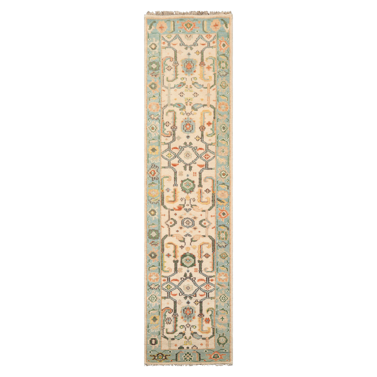 Multi Size Beige Aqua Green Color Hand Knotted Oushak Wool  Oriental Rug