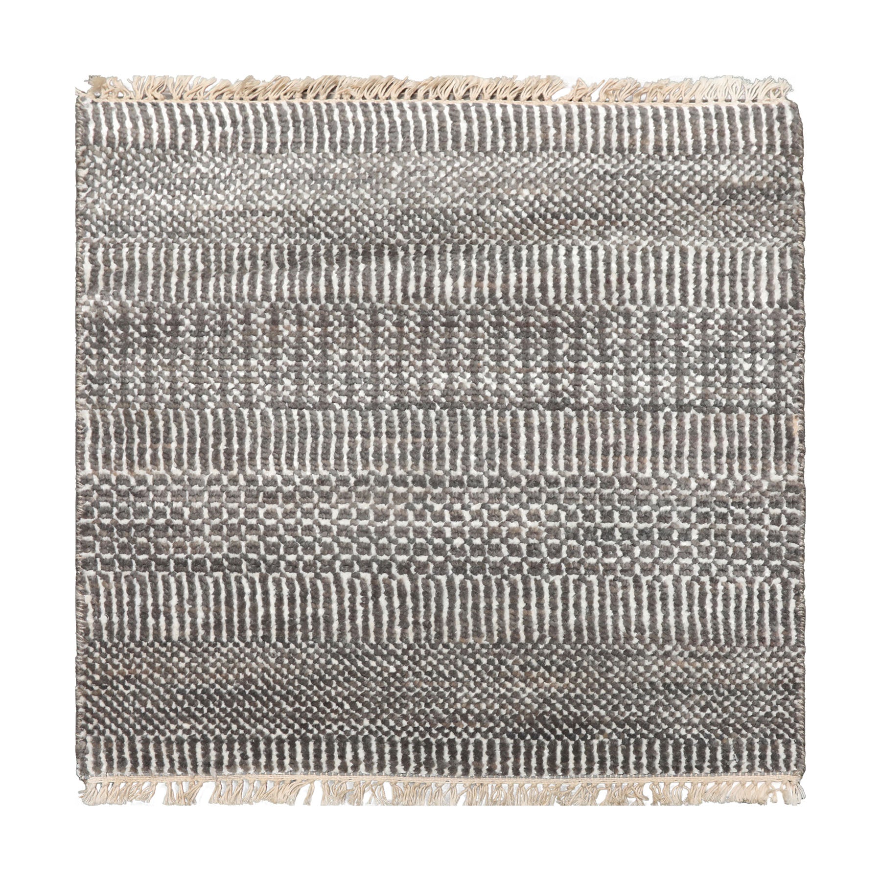 Square Ivory, Gray, Color Hand Knotted Tibetan Wool & Bamboo Silk Modern Oriental Rug