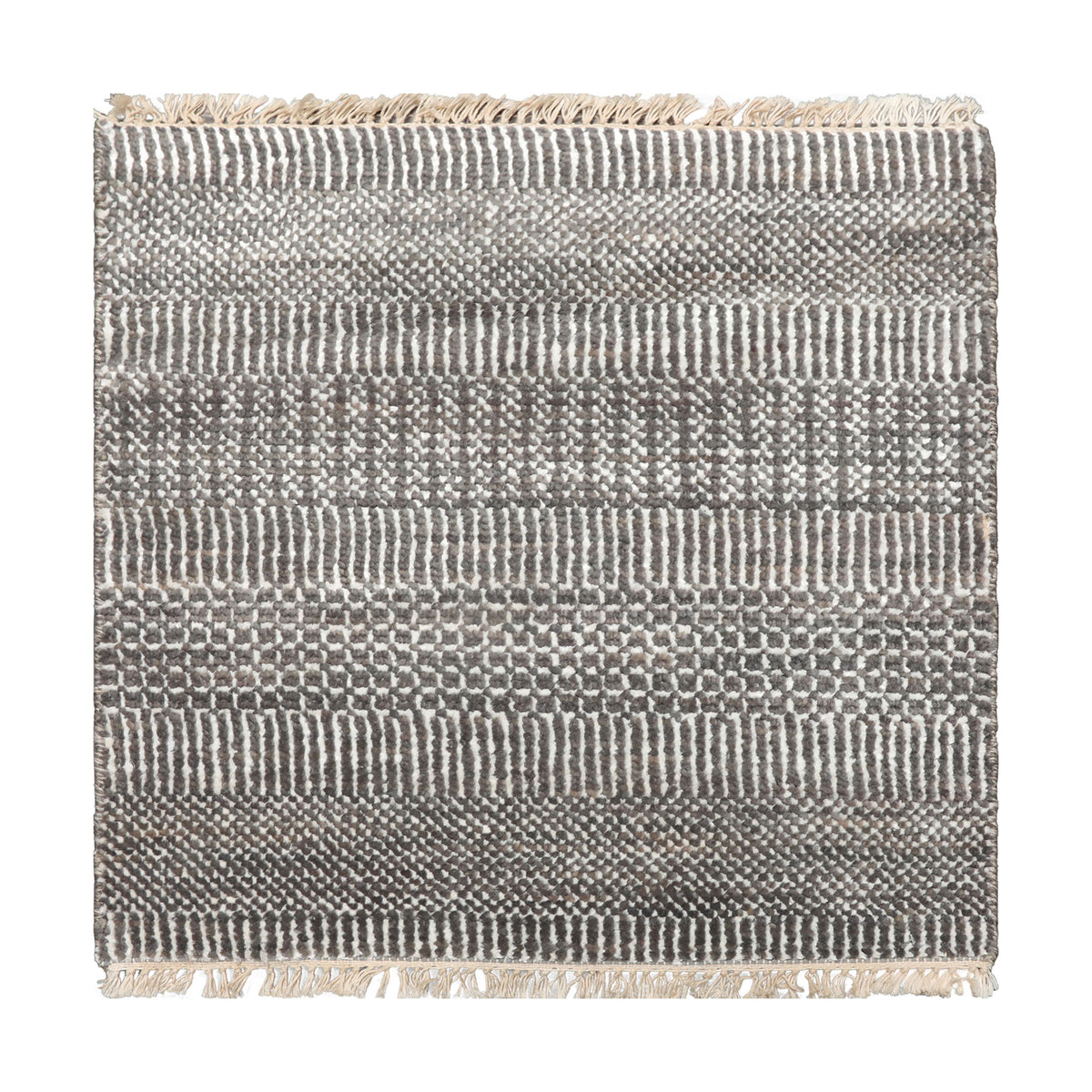 Square Ivory, Gray, Color Hand Knotted Tibetan Wool & Bamboo Silk Modern Oriental Rug