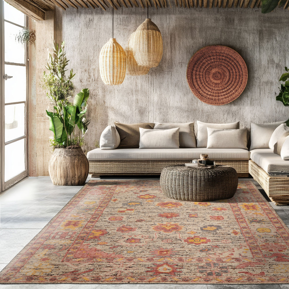 Multi Size Beige Rose Gray Color Hand Knotted Oushak Wool Transitional Oriental Rug