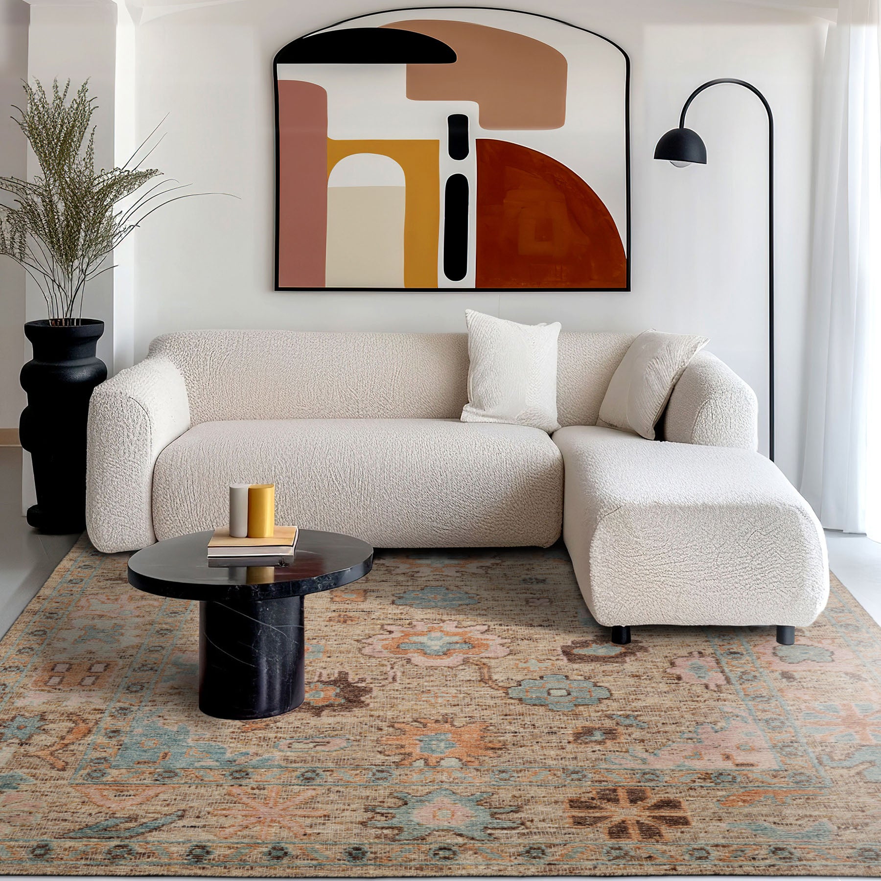Multi Size Beige Blush Aqua Color Hand Knotted Oushak Wool Transitional Oriental Rug