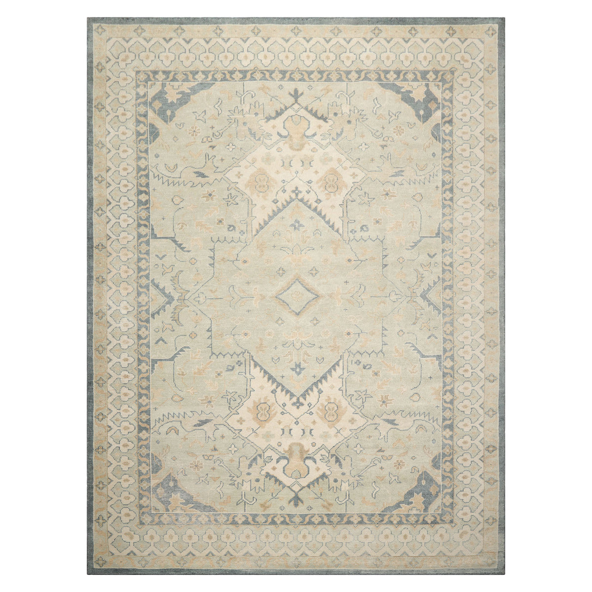 Knotted Rug Green Beige Hand Knotted Multi Size Wool Oushak Traditional Rugs