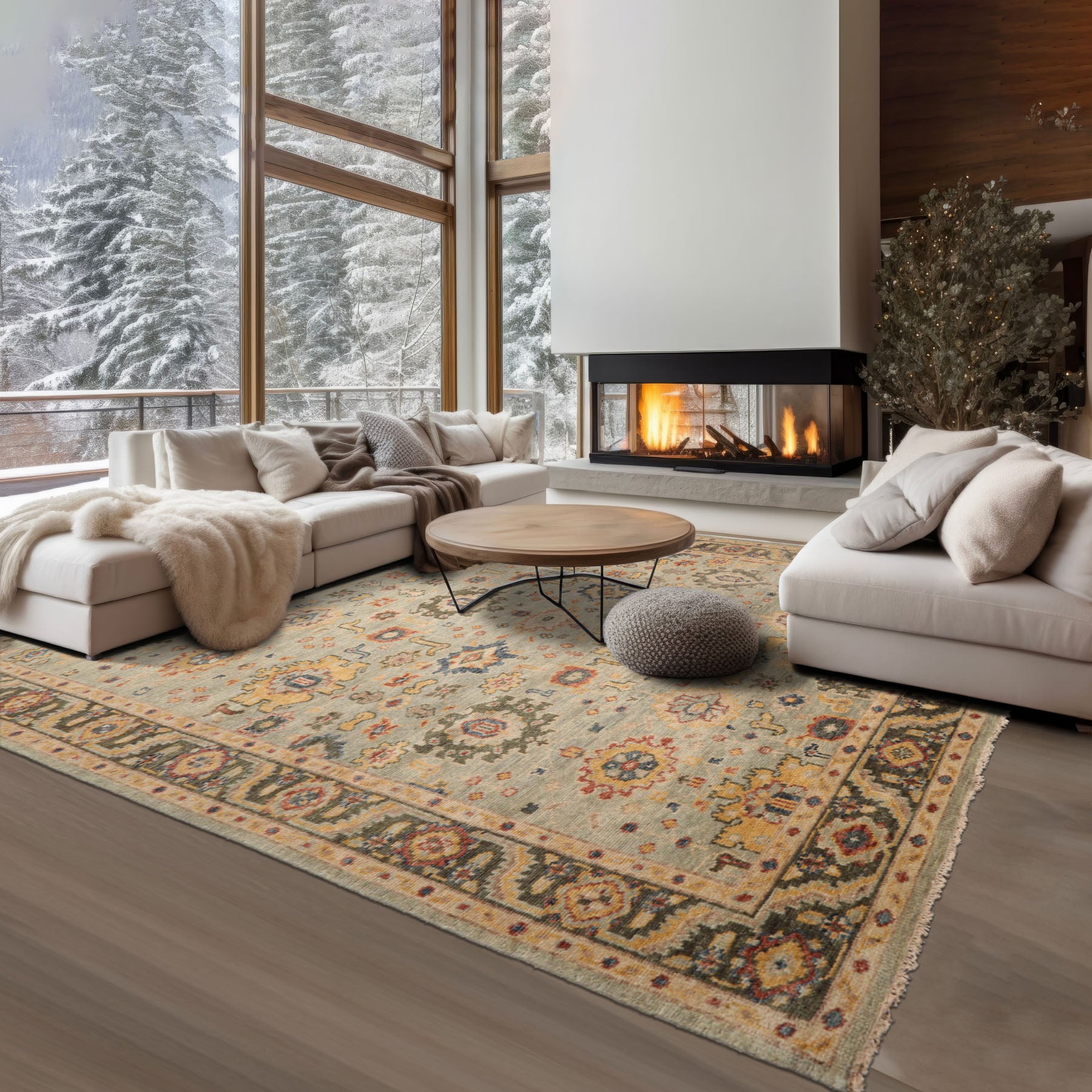 Multi Size Mint Green Beige Color Hand Knotted Oushak Wool Traditional Oriental Rug