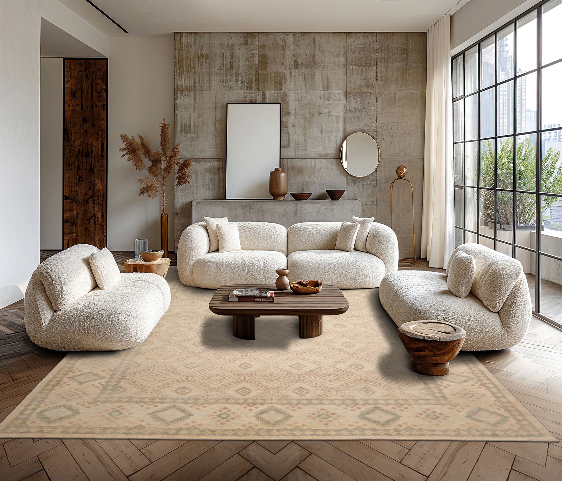 Multi Size Beige Tan Sage Color Hand Knotted Oushak Wool Transitional Oriental Rug