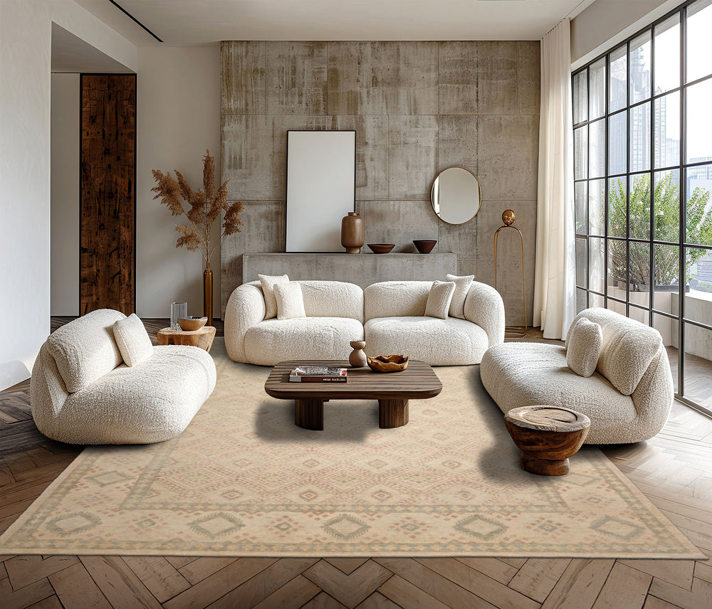 Multi Size Beige Tan Sage Color Hand Knotted Oushak Wool Transitional Oriental Rug