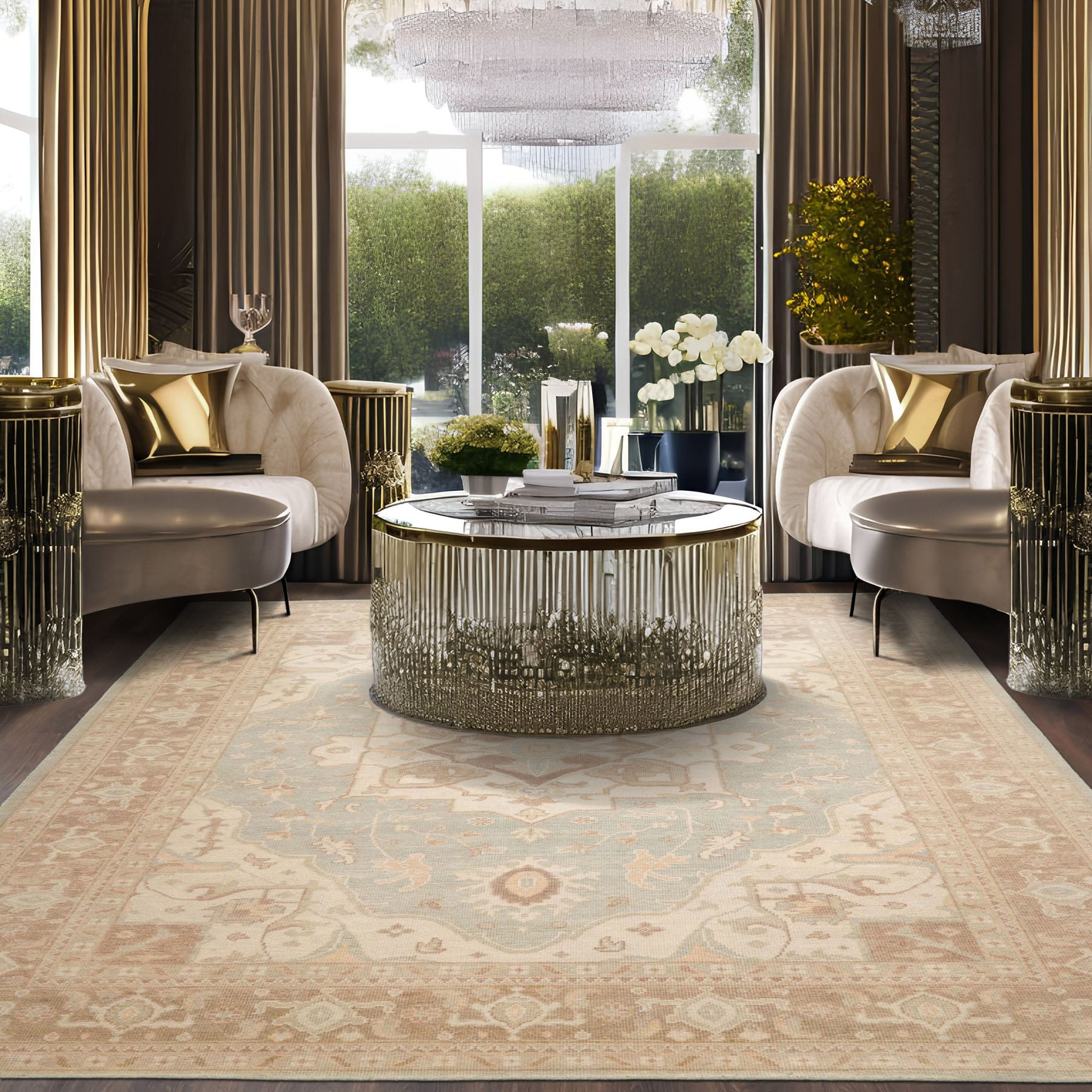 Multi Size Sage Beige Tan Color Hand Knotted Heriz Wool Traditional Oriental Rug