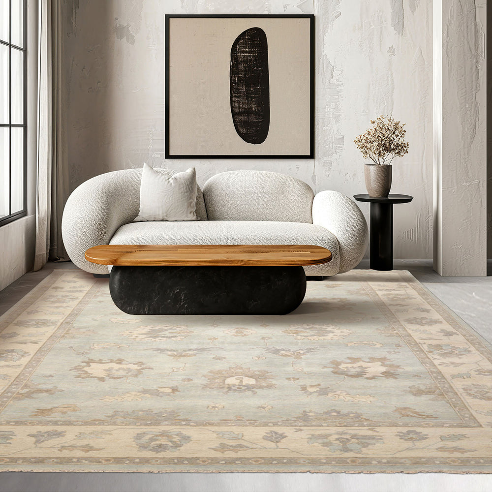 Multi Size Mint Ivory Brown Color Hand Knotted Oushak Wool Traditional Oriental Rug
