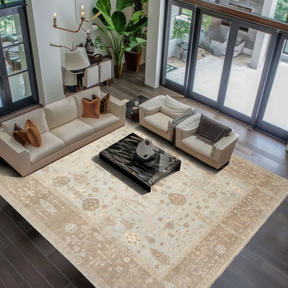 Multi Size Sage Taupe Ivory Color Hand Knotted Oushak Wool Traditional Oriental Rug