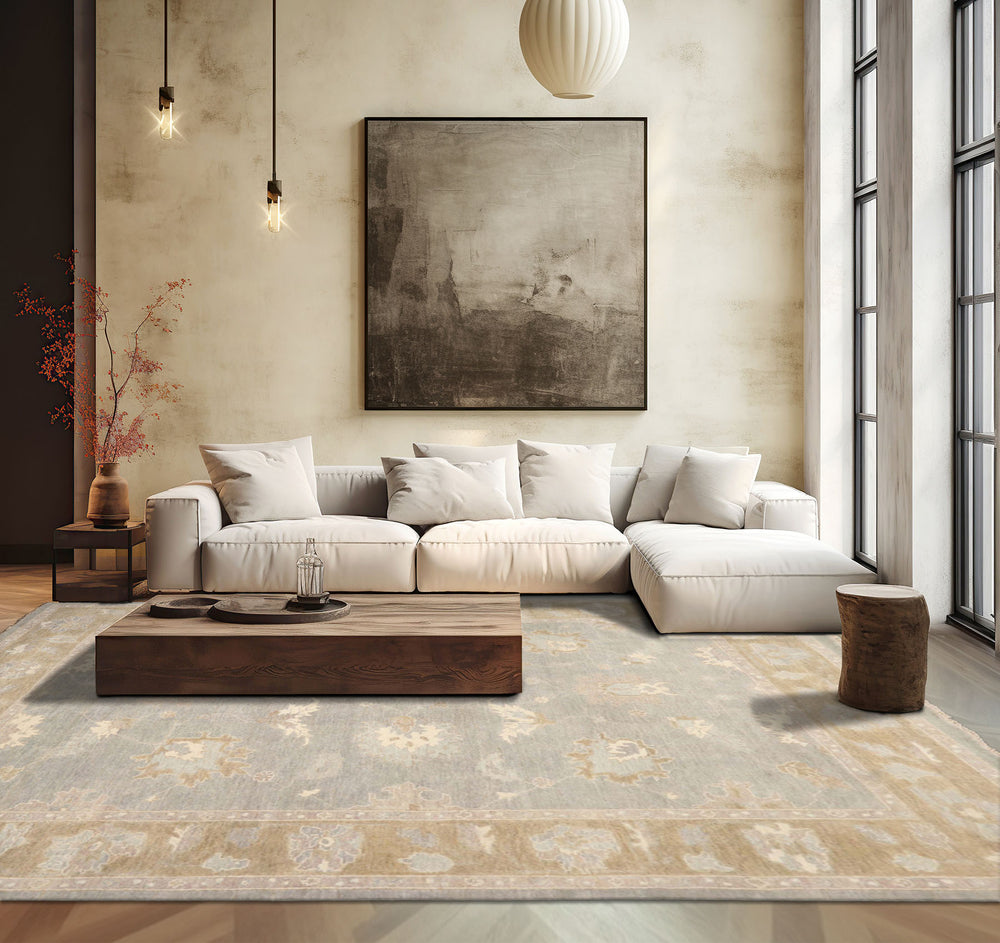 Multi Size Gray Pistachio Ivory Color Hand Knotted Oushak Wool Traditional Oriental Rug