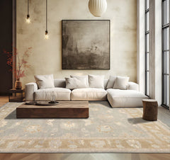 Multi Size Gray Pistachio Ivory Color Hand Knotted Oushak Wool Traditional Oriental Rug