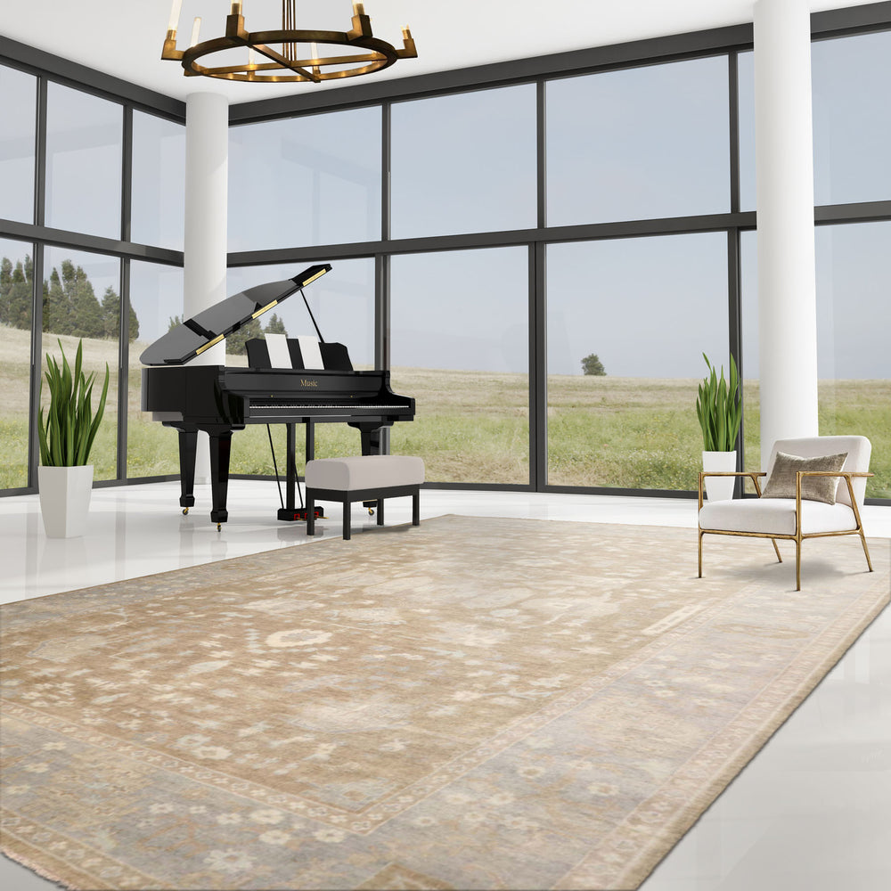 Multi Size Blue Gray Ivory Color Hand Knotted Oushak Wool Traditional Oriental Rug