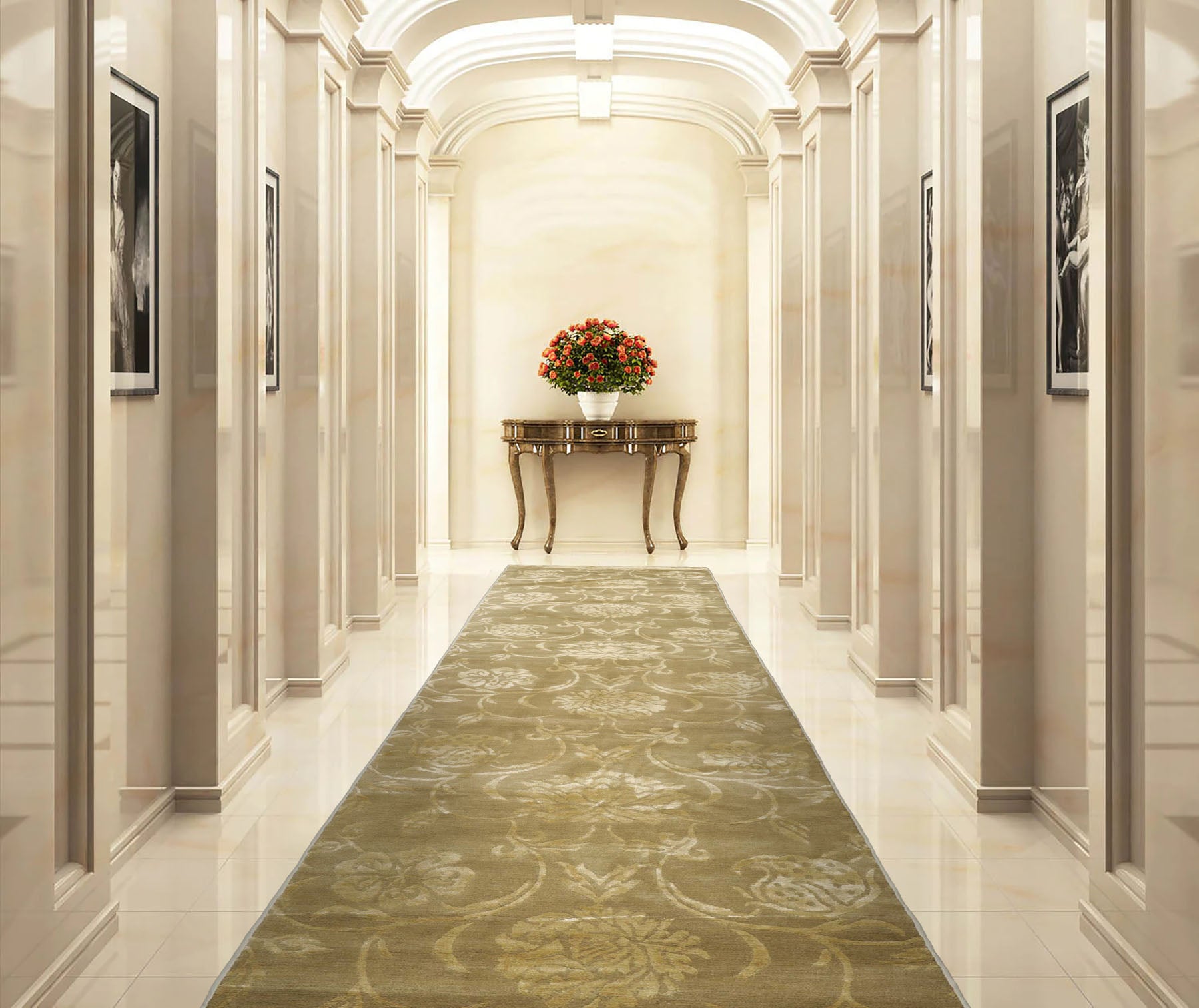 3x12 Tone on Tone Green, , Color Hand Knotted Tibetan Wool & Silk Transitional Oriental Rug