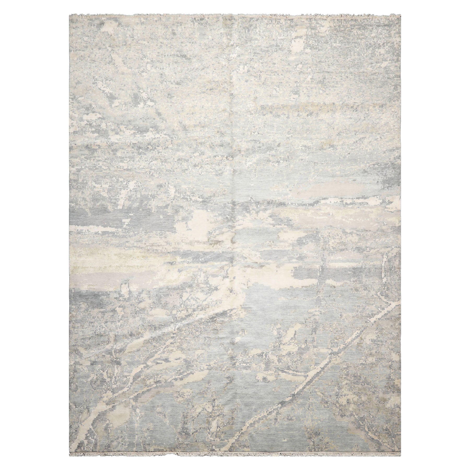Knotted Rug Ivory Hand Knotted 9'x11'11" Modern Tibetan wool and Silk Oriental Area Rug