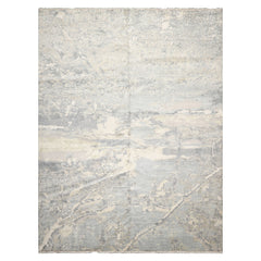 Knotted Rug Ivory Hand Knotted 9'x11'11" Modern Tibetan wool and Silk Oriental Area Rug